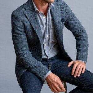 Herringbone Tweed Plaid Wool Blazer sz 46R - grey/blue multi